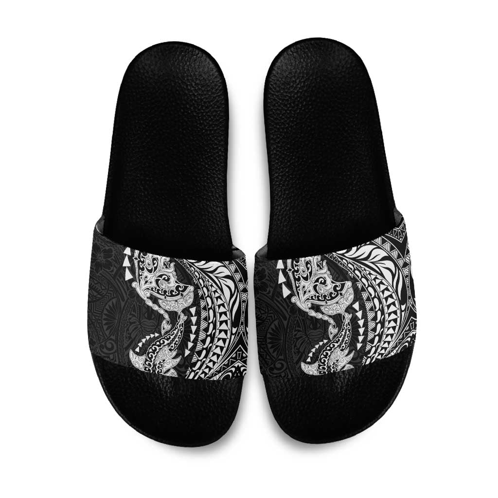 Hawaiian Manta Ray and Hammerhead Shark Tribal Tattoo Slide Sandals with Polynesian Tribal Pattern Black-White Color