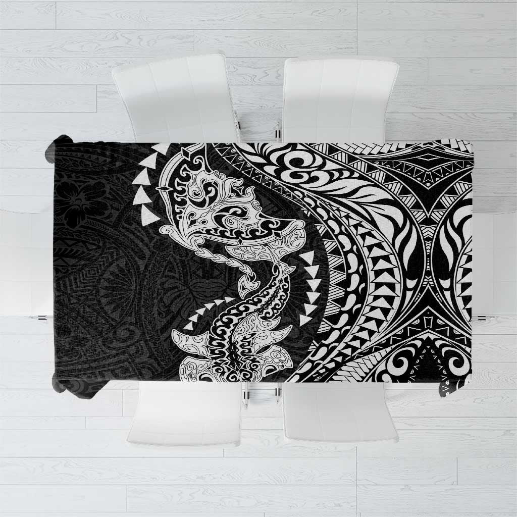 Hawaiian Manta Ray and Hammerhead Shark Tribal Tattoo Tablecloth with Polynesian Tribal Pattern Black-White Color