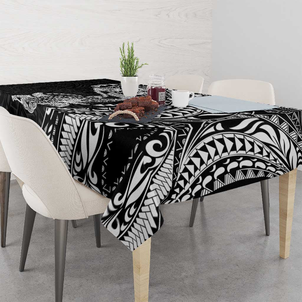 Hawaiian Manta Ray and Hammerhead Shark Tribal Tattoo Tablecloth with Polynesian Tribal Pattern Black-White Color