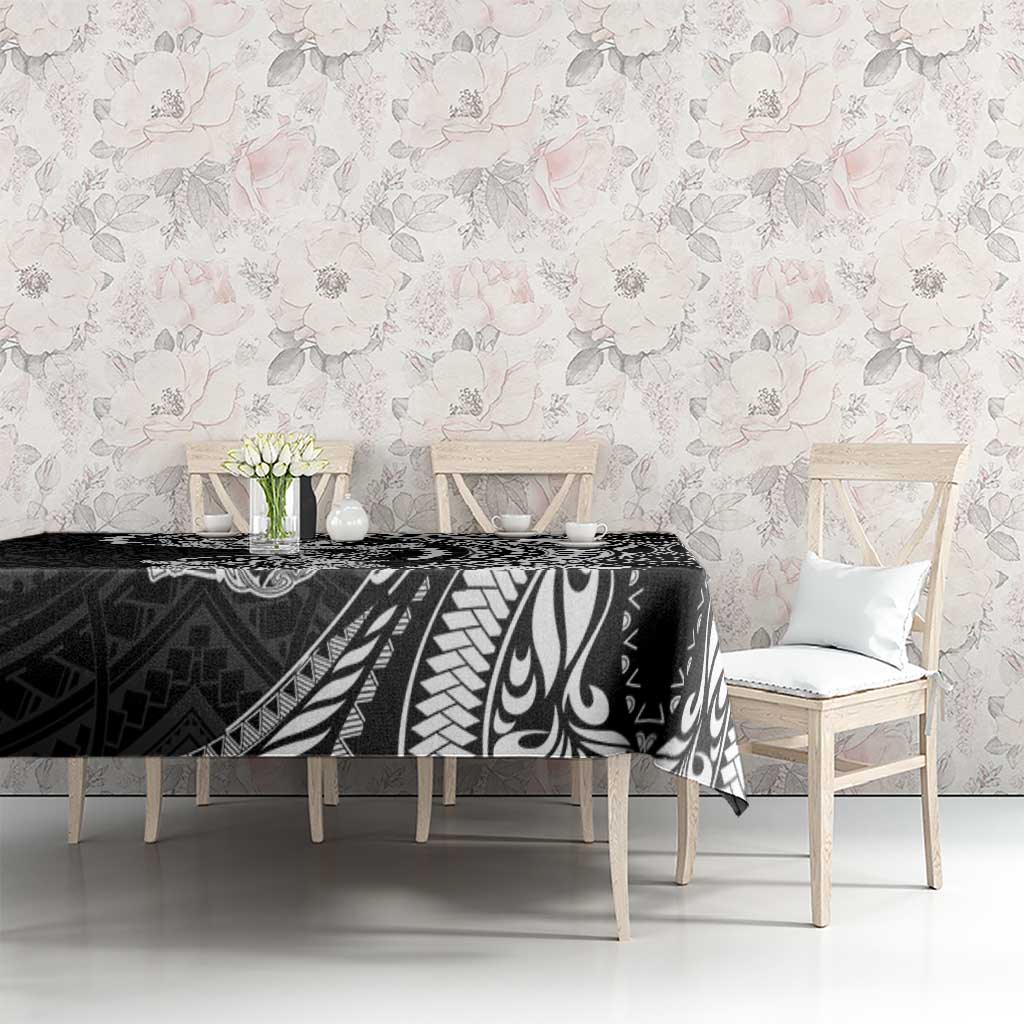 Hawaiian Manta Ray and Hammerhead Shark Tribal Tattoo Tablecloth with Polynesian Tribal Pattern Black-White Color