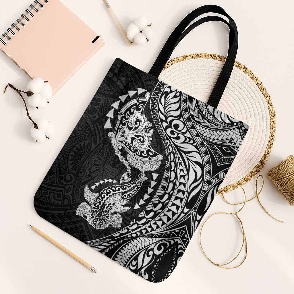 Hawaiian Manta Ray and Hammerhead Shark Tribal Tattoo Tote Bag with Polynesian Tribal Pattern Black-White Color