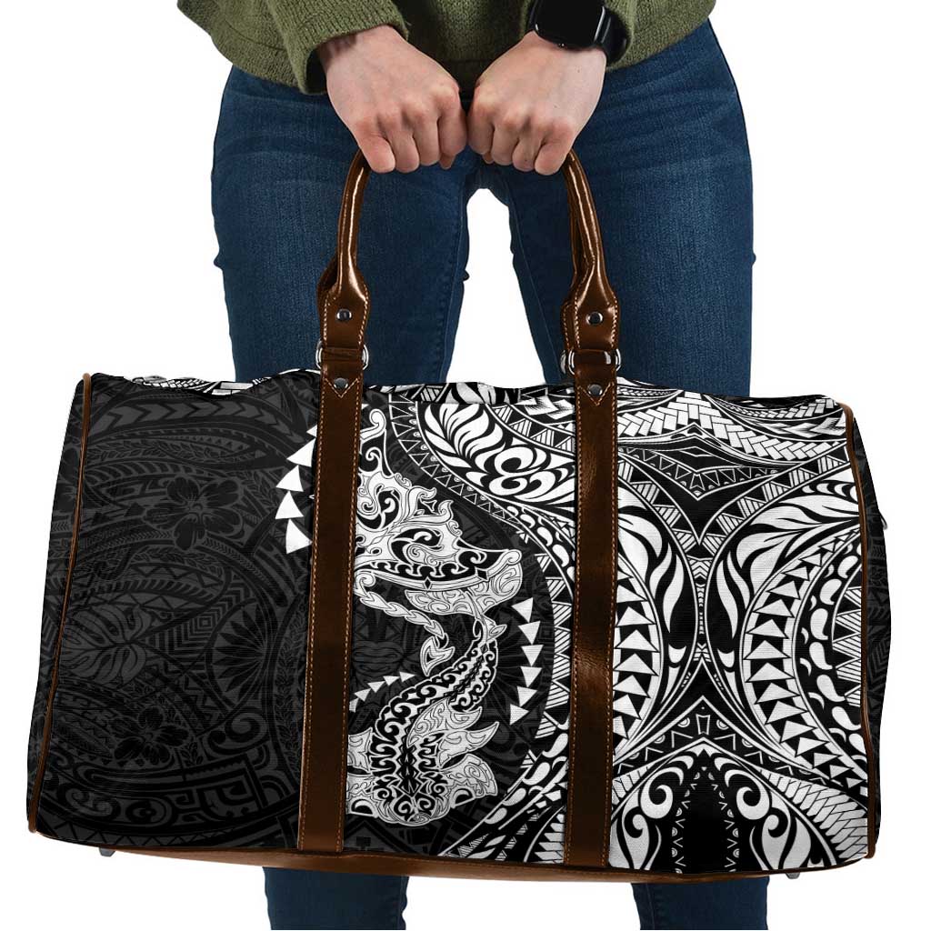 Hawaiian Manta Ray and Hammerhead Shark Tribal Tattoo Travel Bag with Polynesian Tribal Pattern Black-White Color