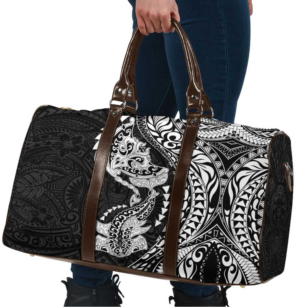 Hawaiian Manta Ray and Hammerhead Shark Tribal Tattoo Travel Bag with Polynesian Tribal Pattern Black-White Color