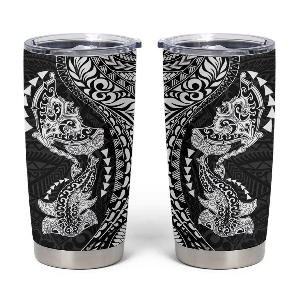 Hawaiian Manta Ray and Hammerhead Shark Tribal Tattoo Tumbler Cup with Polynesian Tribal Pattern Black-White Color