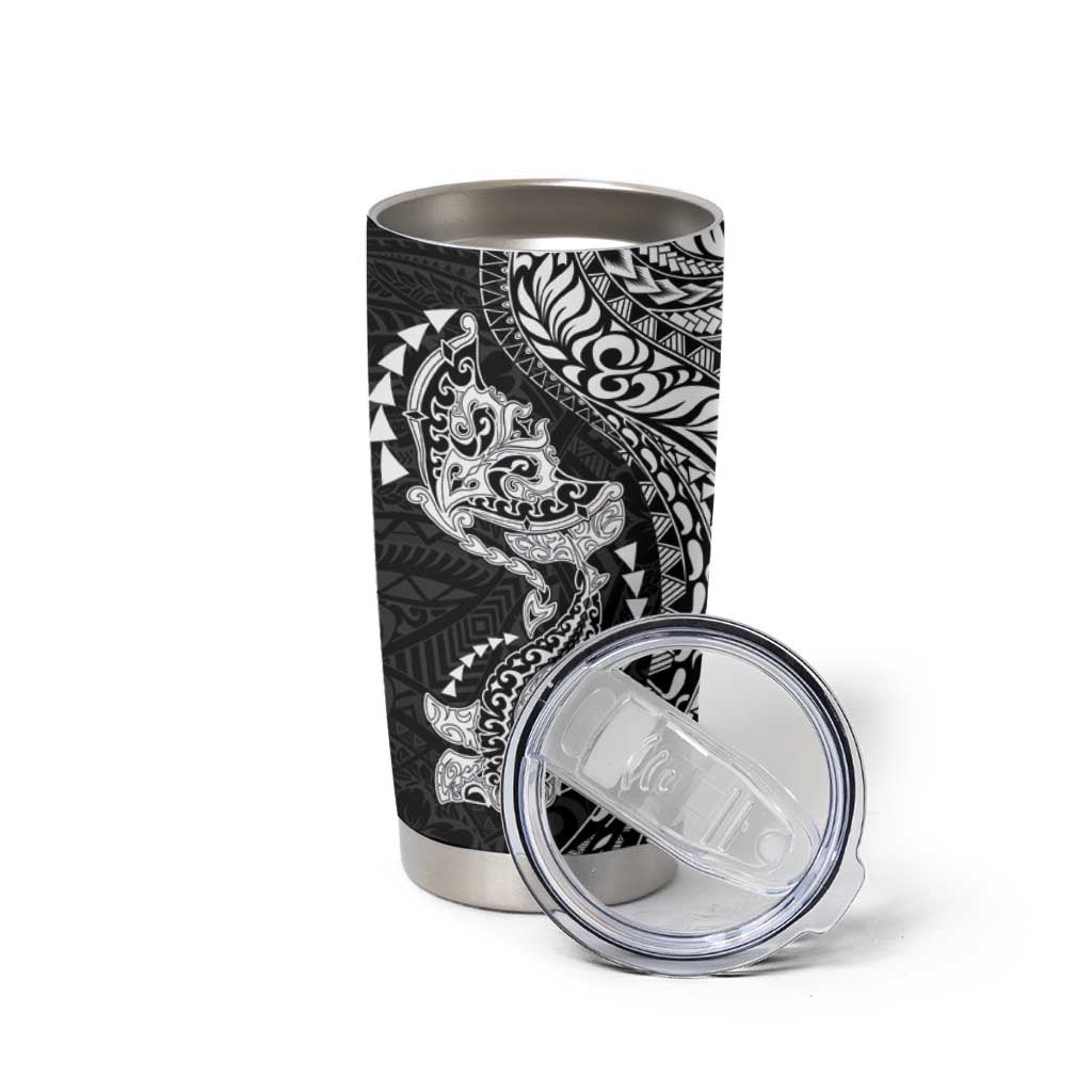 Hawaiian Manta Ray and Hammerhead Shark Tribal Tattoo Tumbler Cup with Polynesian Tribal Pattern Black-White Color