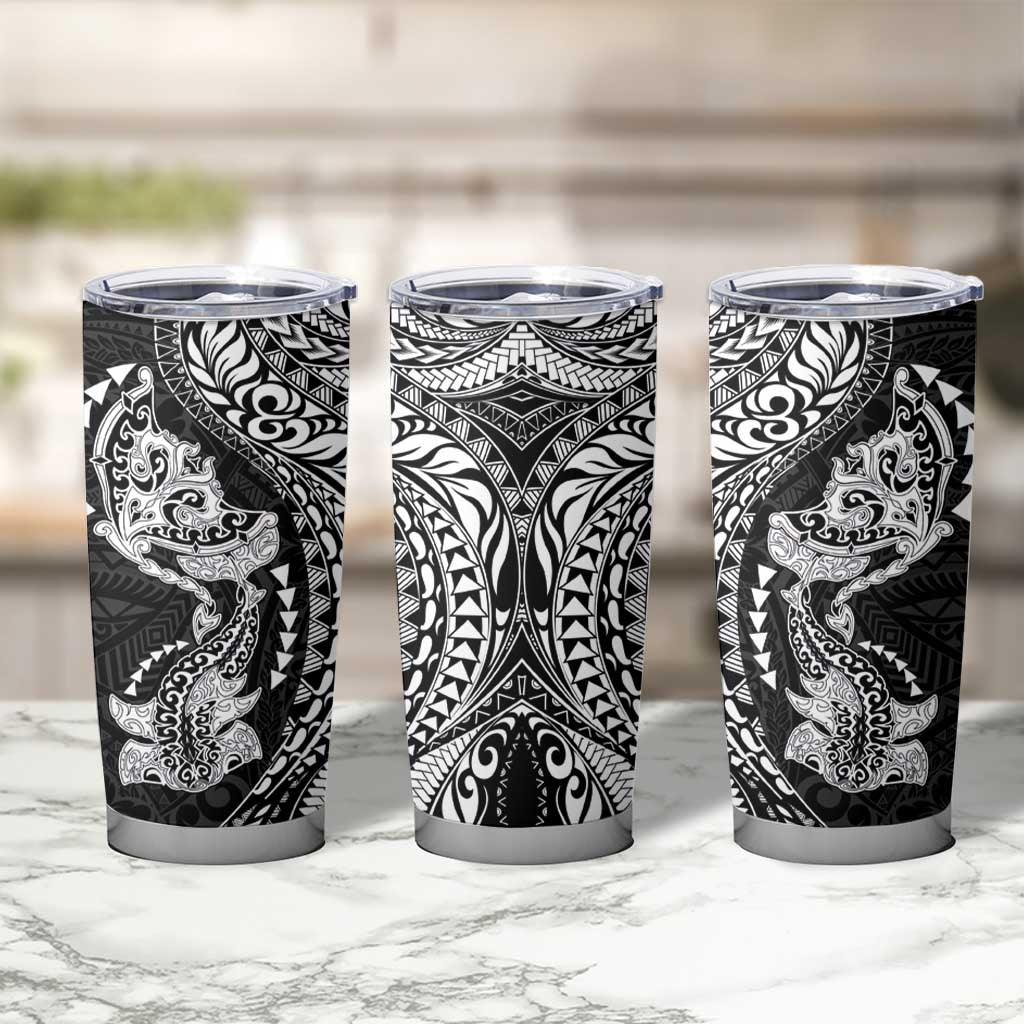 Hawaiian Manta Ray and Hammerhead Shark Tribal Tattoo Tumbler Cup with Polynesian Tribal Pattern Black-White Color
