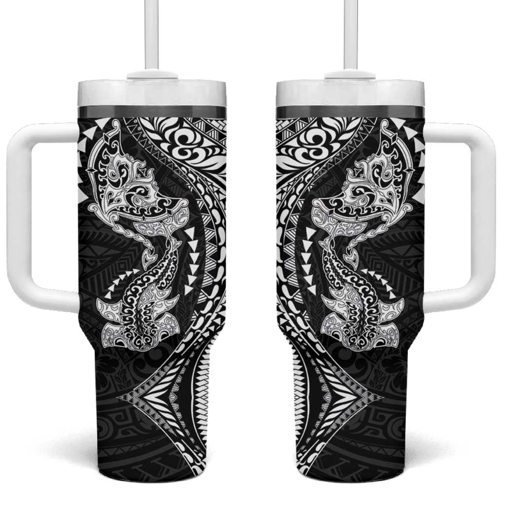 Hawaiian Manta Ray and Hammerhead Shark Tribal Tattoo Tumbler With Handle with Polynesian Tribal Pattern Black-White Color
