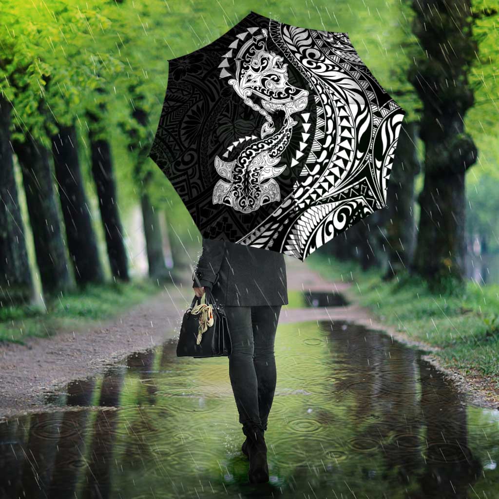 Hawaiian Manta Ray and Hammerhead Shark Tribal Tattoo Umbrella with Polynesian Tribal Pattern Black-White Color