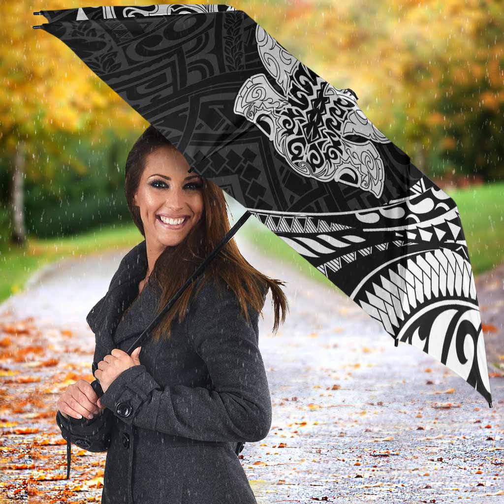 Hawaiian Manta Ray and Hammerhead Shark Tribal Tattoo Umbrella with Polynesian Tribal Pattern Black-White Color