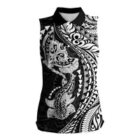 Hawaiian Manta Ray and Hammerhead Shark Tribal Tattoo Women Sleeveless Polo Shirt with Polynesian Tribal Pattern Black-White Color