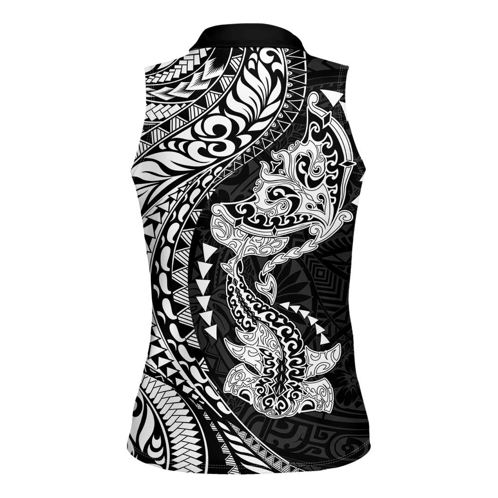 Hawaiian Manta Ray and Hammerhead Shark Tribal Tattoo Women Sleeveless Polo Shirt with Polynesian Tribal Pattern Black-White Color
