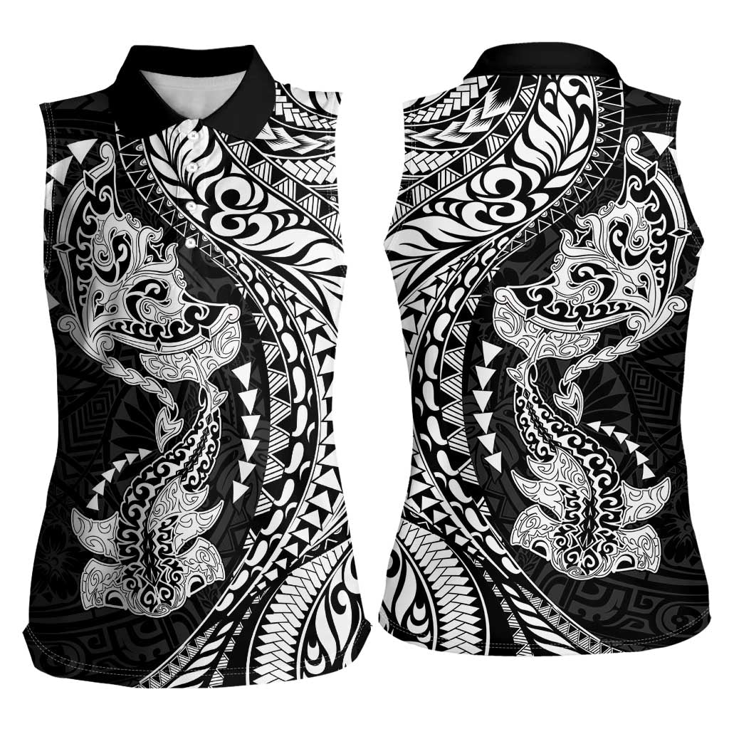 Hawaiian Manta Ray and Hammerhead Shark Tribal Tattoo Women Sleeveless Polo Shirt with Polynesian Tribal Pattern Black-White Color