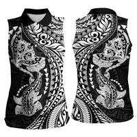 Hawaiian Manta Ray and Hammerhead Shark Tribal Tattoo Women Sleeveless Polo Shirt with Polynesian Tribal Pattern Black-White Color