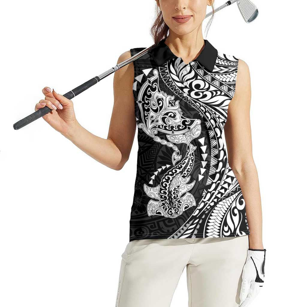Hawaiian Manta Ray and Hammerhead Shark Tribal Tattoo Women Sleeveless Polo Shirt with Polynesian Tribal Pattern Black-White Color