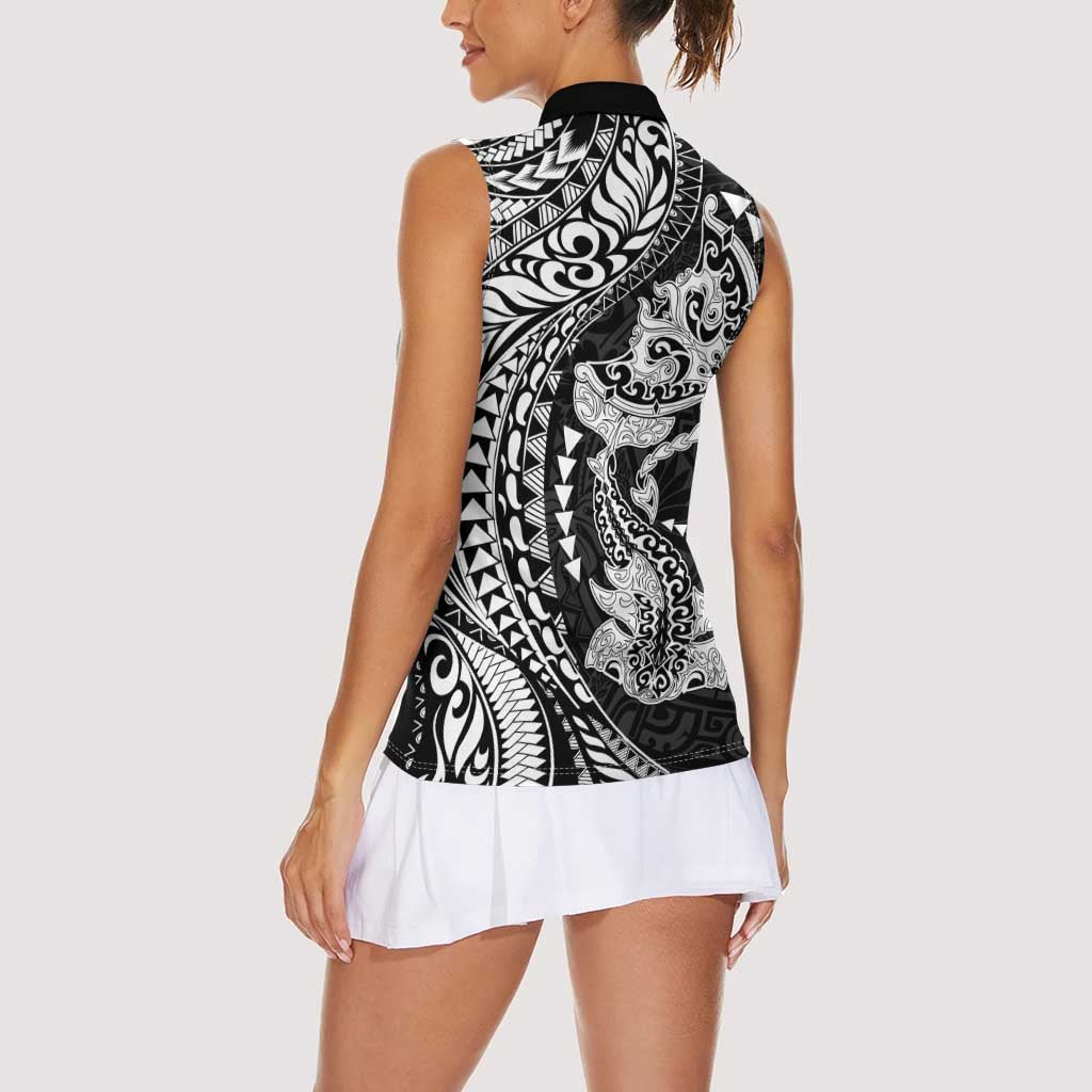 Hawaiian Manta Ray and Hammerhead Shark Tribal Tattoo Women Sleeveless Polo Shirt with Polynesian Tribal Pattern Black-White Color