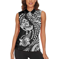 Hawaiian Manta Ray and Hammerhead Shark Tribal Tattoo Women Sleeveless Polo Shirt with Polynesian Tribal Pattern Black-White Color