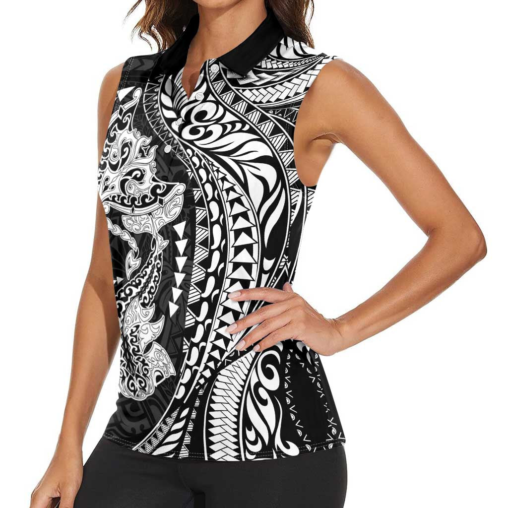 Hawaiian Manta Ray and Hammerhead Shark Tribal Tattoo Women Sleeveless Polo Shirt with Polynesian Tribal Pattern Black-White Color