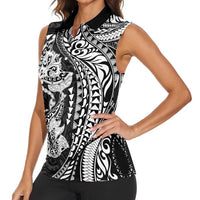 Hawaiian Manta Ray and Hammerhead Shark Tribal Tattoo Women Sleeveless Polo Shirt with Polynesian Tribal Pattern Black-White Color