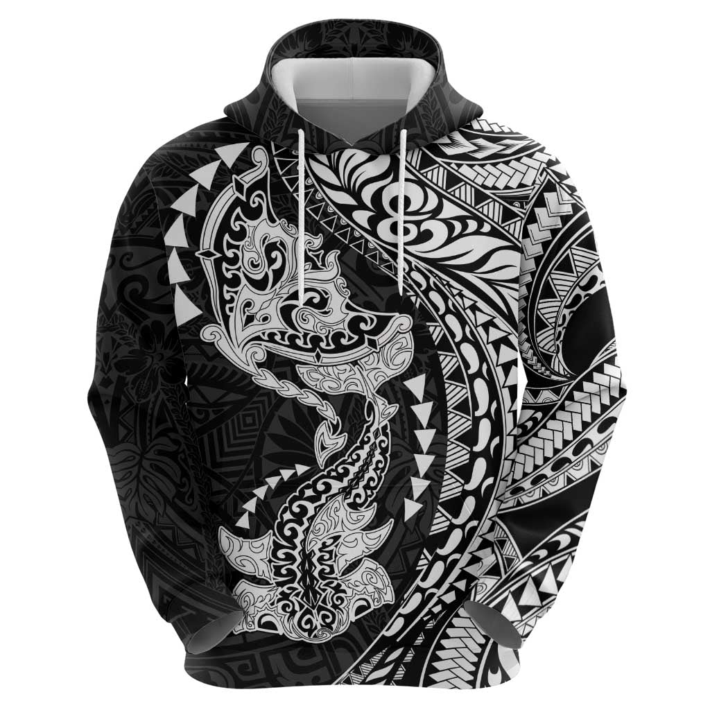 Hawaiian Manta Ray and Hammerhead Shark Tribal Tattoo Zip Hoodie with Polynesian Tribal Pattern Black-White Color LT03 - Polynesian Pride