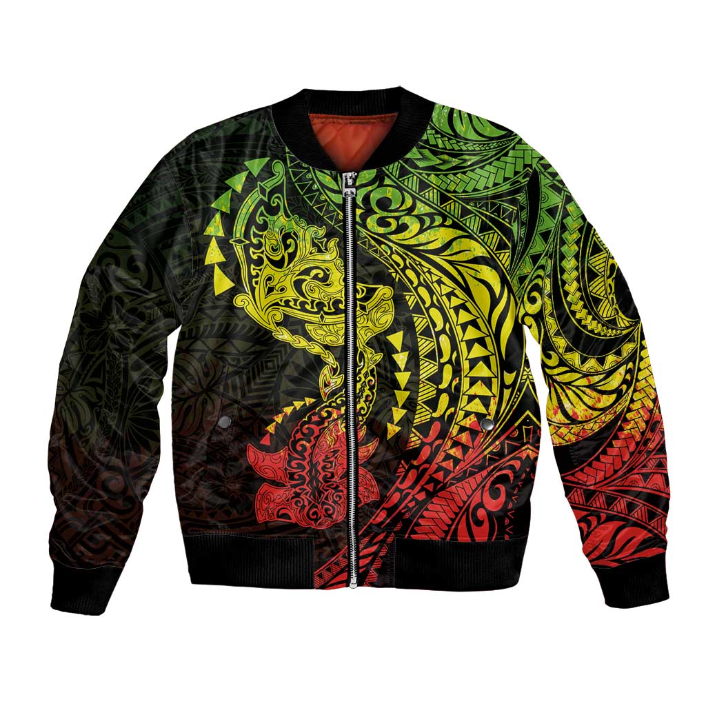 Hawaiian Manta Ray and Hammerhead Shark Tribal Tattoo Bomber Jacket with Polynesian Tribal Pattern Reggae Style LT03 Unisex Multicolor - Polynesian Pride