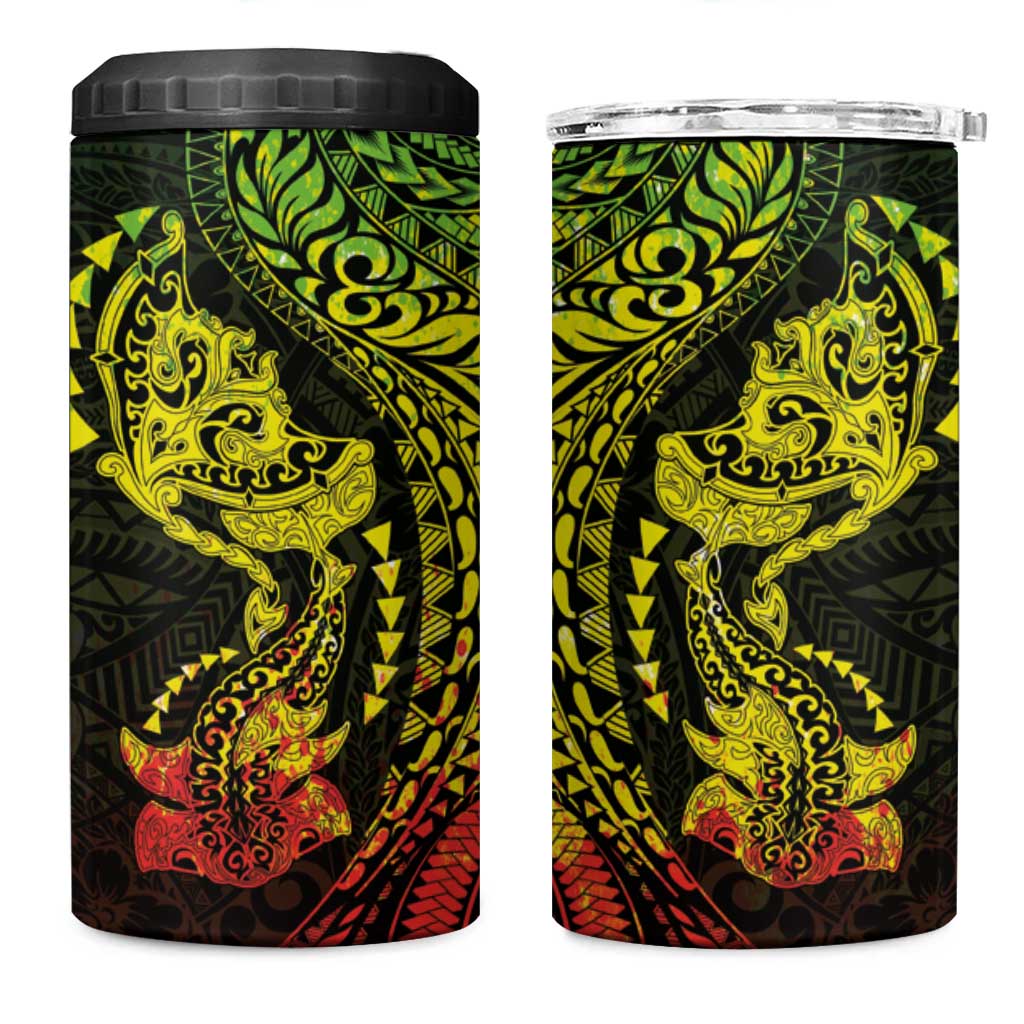 Hawaiian Manta Ray and Hammerhead Shark Tribal Tattoo 4 in 1 Can Cooler Tumbler with Polynesian Tribal Pattern Reggae Style