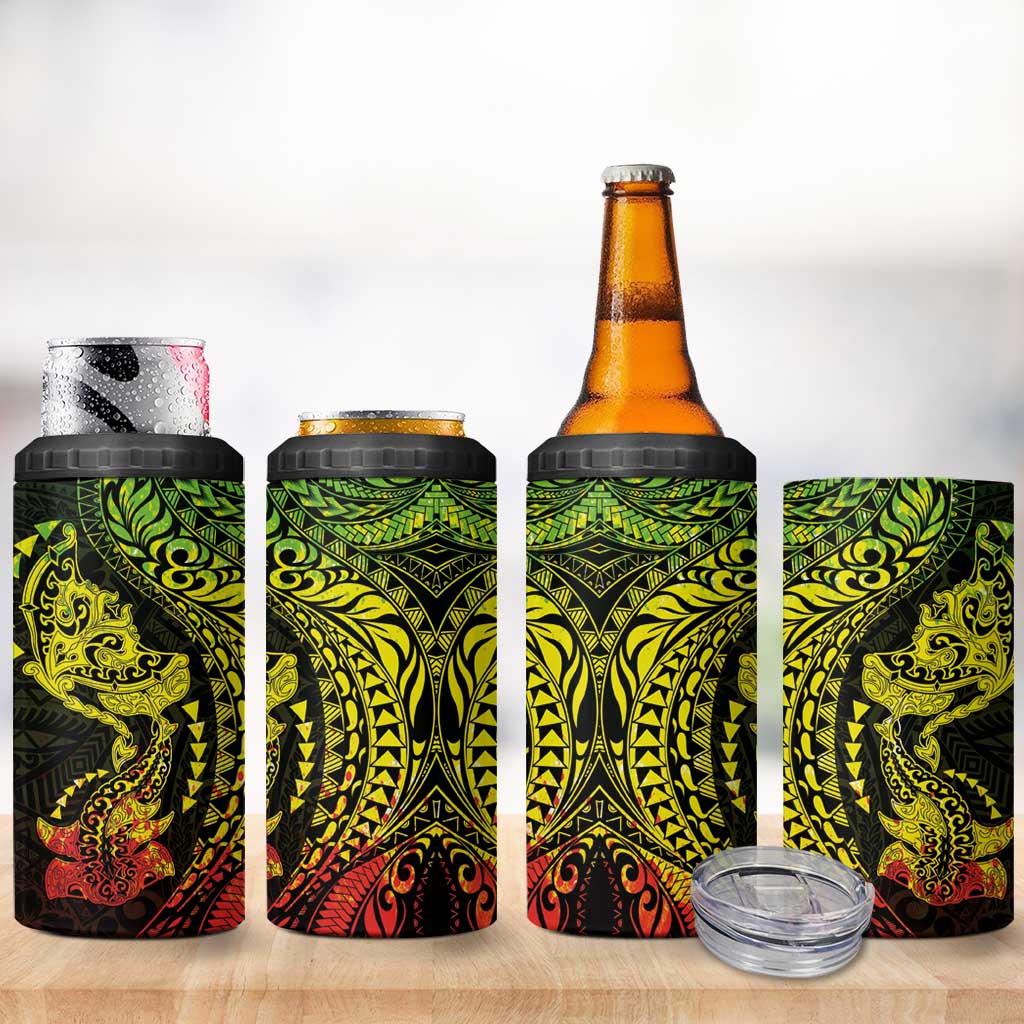 Hawaiian Manta Ray and Hammerhead Shark Tribal Tattoo 4 in 1 Can Cooler Tumbler with Polynesian Tribal Pattern Reggae Style