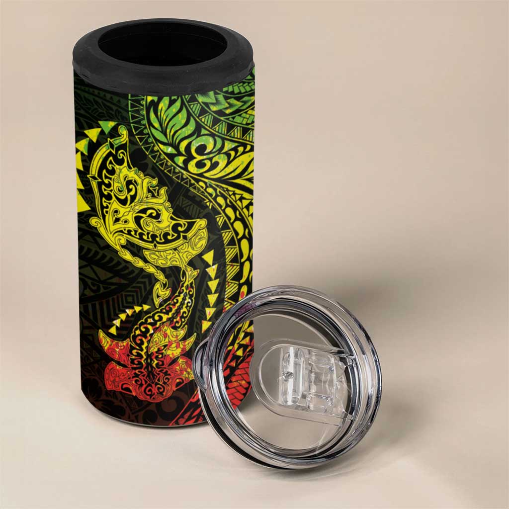 Hawaiian Manta Ray and Hammerhead Shark Tribal Tattoo 4 in 1 Can Cooler Tumbler with Polynesian Tribal Pattern Reggae Style