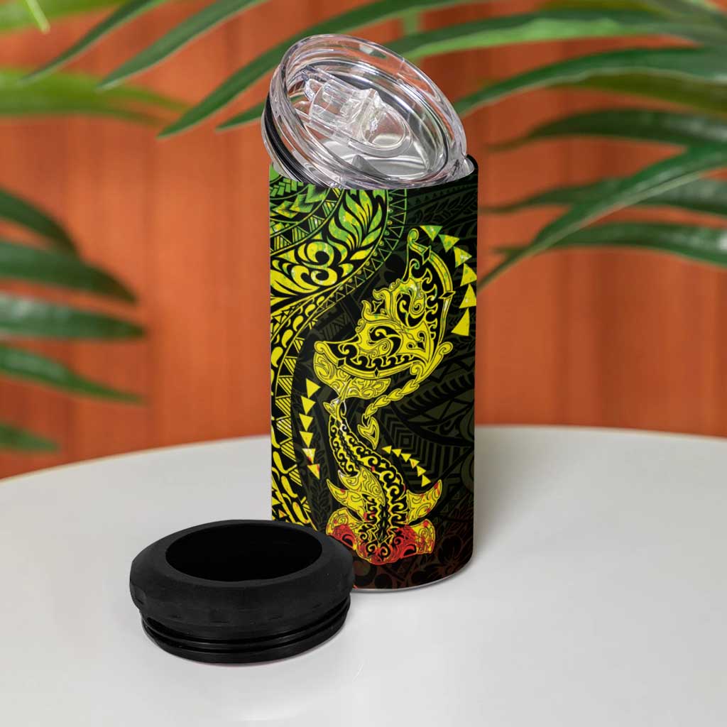 Hawaiian Manta Ray and Hammerhead Shark Tribal Tattoo 4 in 1 Can Cooler Tumbler with Polynesian Tribal Pattern Reggae Style