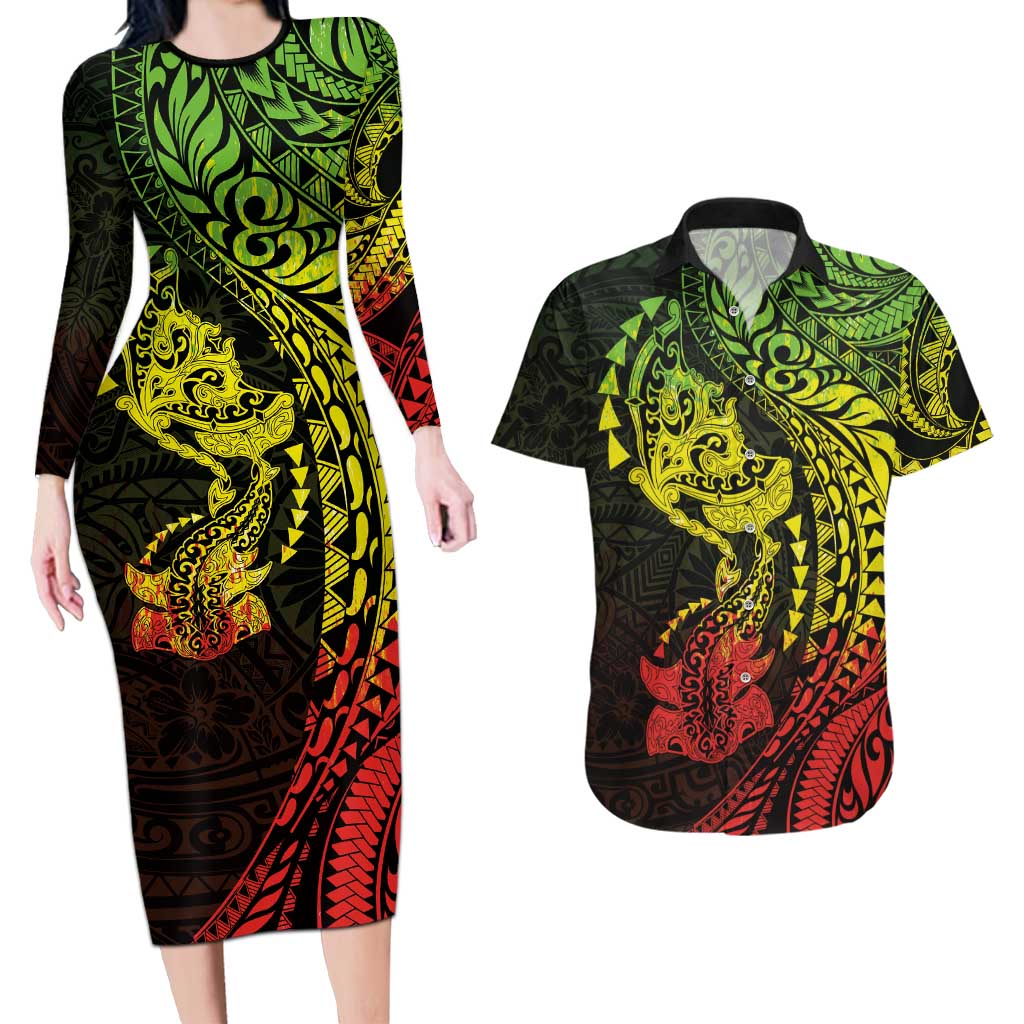 Hawaiian Manta Ray and Hammerhead Shark Tribal Tattoo Couples Matching Long Sleeve Bodycon Dress and Hawaiian Shirt with Polynesian Tribal Pattern Reggae Style LT03 Multicolor - Polynesian Pride