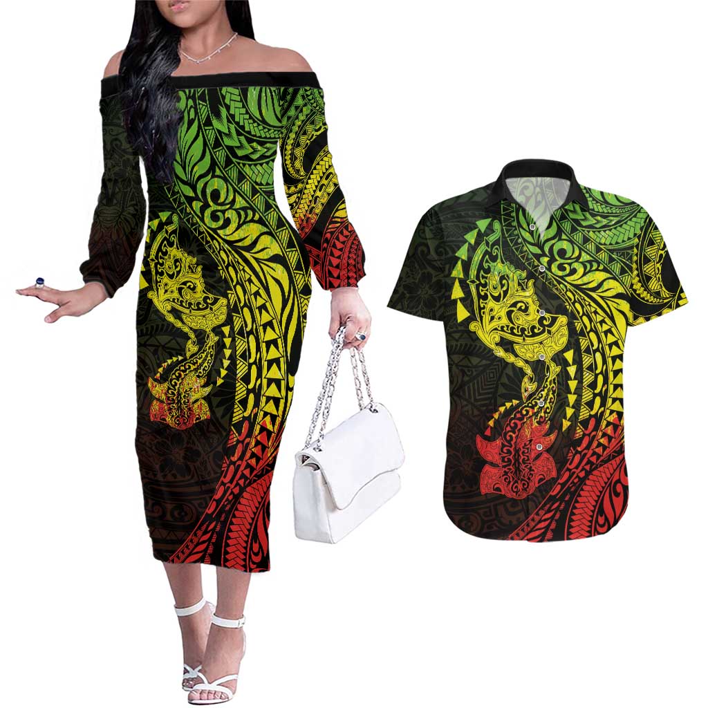 Hawaiian Manta Ray and Hammerhead Shark Tribal Tattoo Couples Matching Off The Shoulder Long Sleeve Dress and Hawaiian Shirt with Polynesian Tribal Pattern Reggae Style LT03 Multicolor - Polynesian Pride