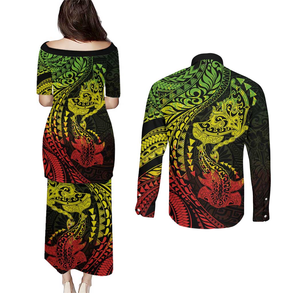 Hawaiian Manta Ray and Hammerhead Shark Tribal Tattoo Couples Matching Puletasi and Long Sleeve Button Shirt with Polynesian Tribal Pattern Reggae Style