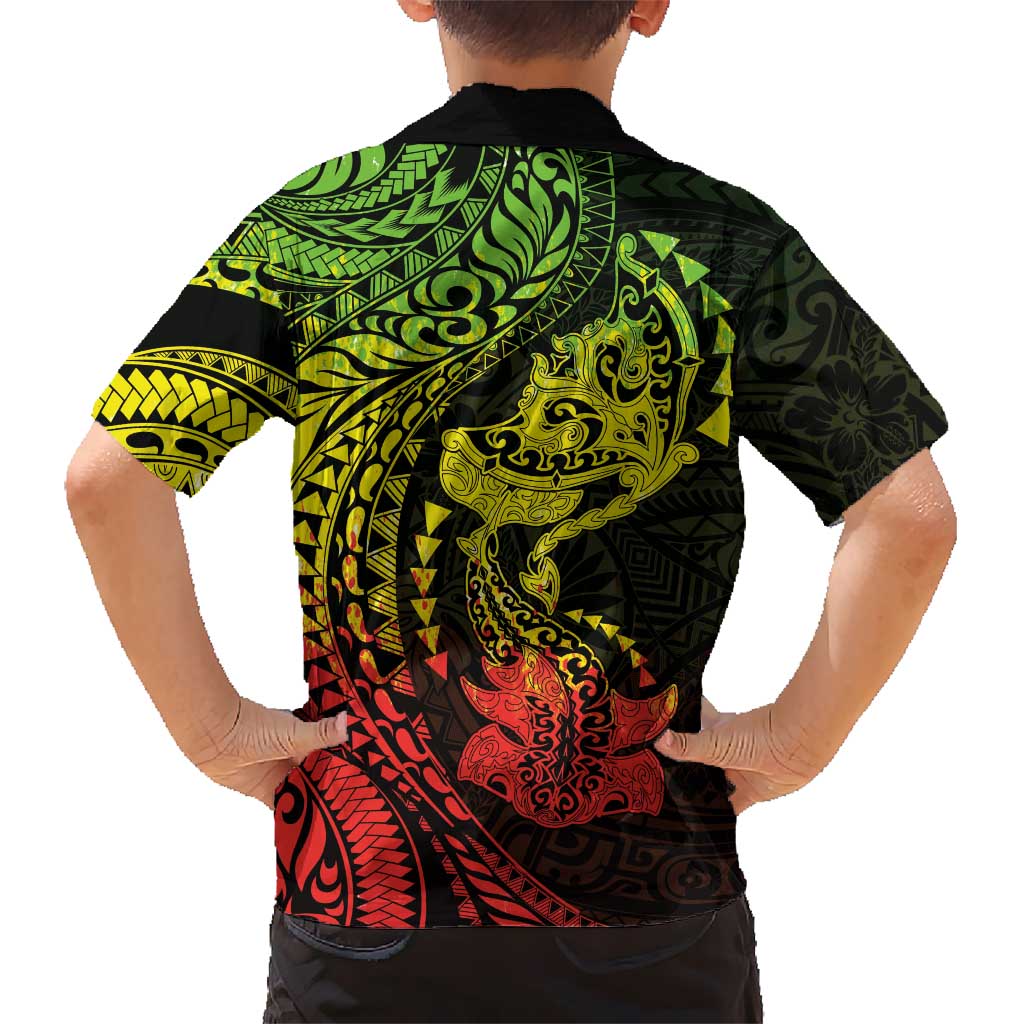 Hawaiian Manta Ray and Hammerhead Shark Tribal Tattoo Family Matching Long Sleeve Bodycon Dress and Hawaiian Shirt with Polynesian Tribal Pattern Reggae Style LT03 - Polynesian Pride