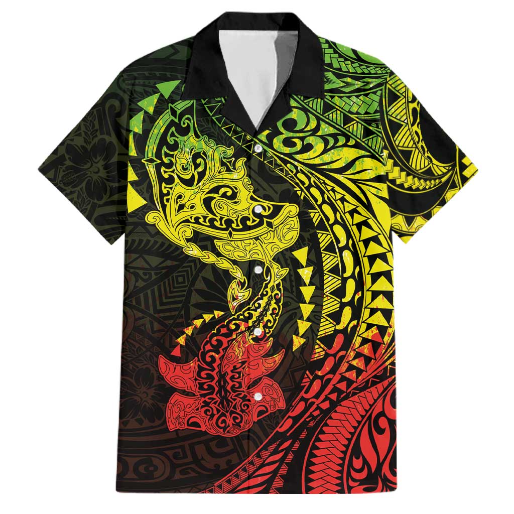 Hawaiian Manta Ray and Hammerhead Shark Tribal Tattoo Family Matching Mermaid Dress and Hawaiian Shirt with Polynesian Tribal Pattern Reggae Style LT03 Dad's Shirt - Short Sleeve Multicolor - Polynesian Pride