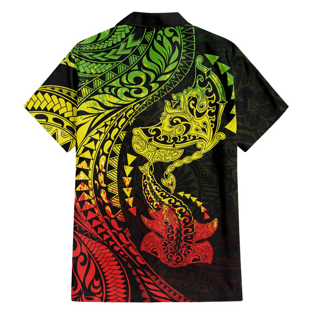 Hawaiian Manta Ray and Hammerhead Shark Tribal Tattoo Family Matching Off The Shoulder Long Sleeve Dress and Hawaiian Shirt with Polynesian Tribal Pattern Reggae Style LT03 - Polynesian Pride
