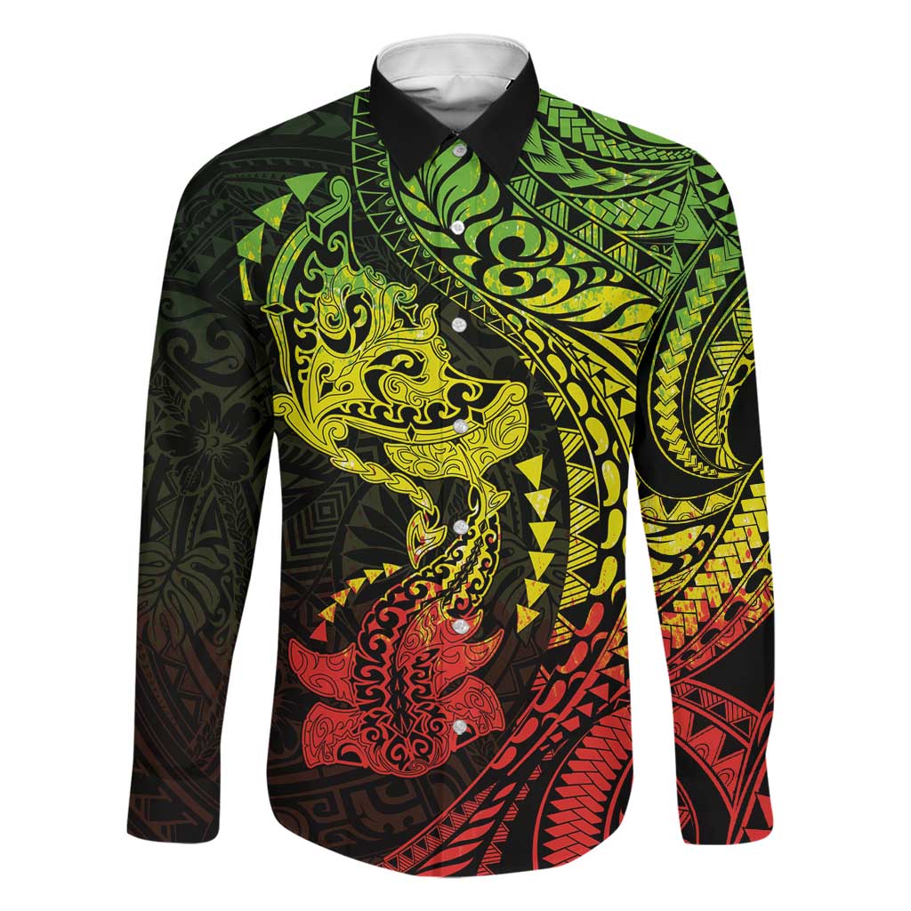 Hawaiian Manta Ray and Hammerhead Shark Tribal Tattoo Family Matching Off The Shoulder Long Sleeve Dress and Hawaiian Shirt with Polynesian Tribal Pattern Reggae Style LT03 Dad's Shirt - Long Sleeve Multicolor - Polynesian Pride