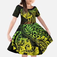 Hawaiian Manta Ray and Hammerhead Shark Tribal Tattoo Family Matching Puletasi and Hawaiian Shirt with Polynesian Tribal Pattern Reggae Style LT03 Daughter's Dress Multicolor - Polynesian Pride