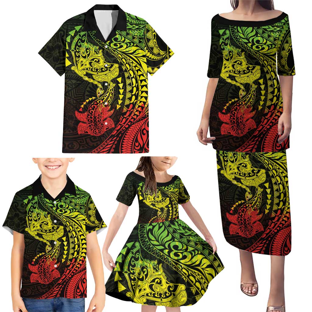 Hawaiian Manta Ray and Hammerhead Shark Tribal Tattoo Family Matching Puletasi and Hawaiian Shirt with Polynesian Tribal Pattern Reggae Style LT03 - Polynesian Pride