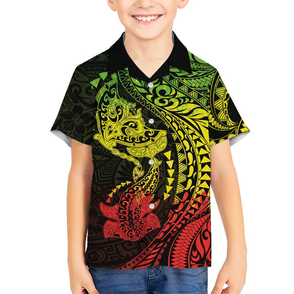 Hawaiian Manta Ray and Hammerhead Shark Tribal Tattoo Family Matching Puletasi and Hawaiian Shirt with Polynesian Tribal Pattern Reggae Style LT03 Son's Shirt Multicolor - Polynesian Pride