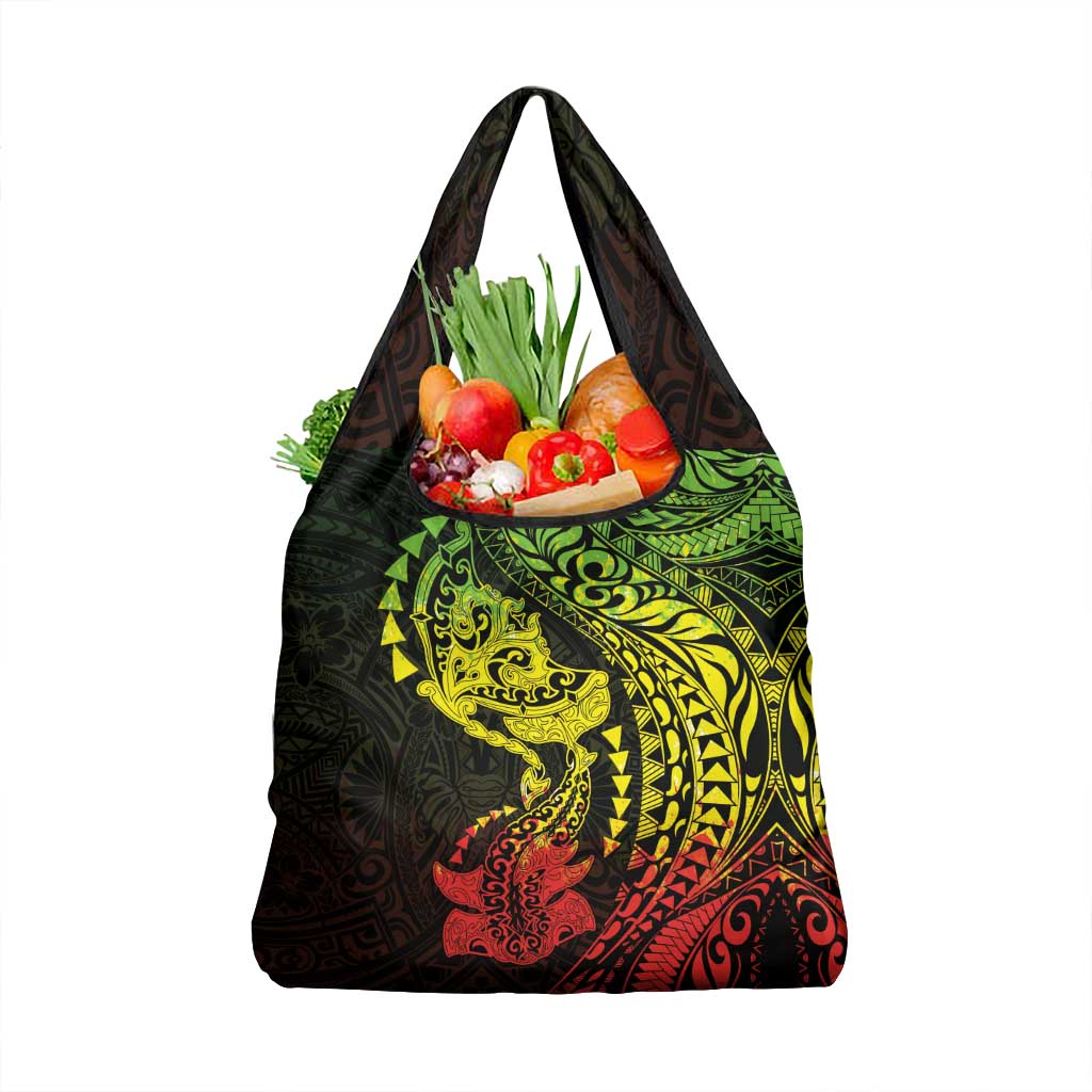 Hawaiian Manta Ray and Hammerhead Shark Tribal Tattoo Grocery Bag with Polynesian Tribal Pattern Reggae Style