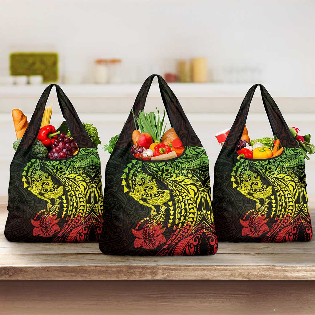Hawaiian Manta Ray and Hammerhead Shark Tribal Tattoo Grocery Bag with Polynesian Tribal Pattern Reggae Style