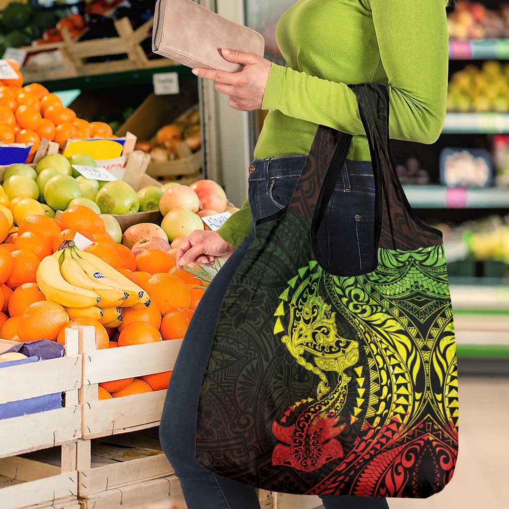 Hawaiian Manta Ray and Hammerhead Shark Tribal Tattoo Grocery Bag with Polynesian Tribal Pattern Reggae Style