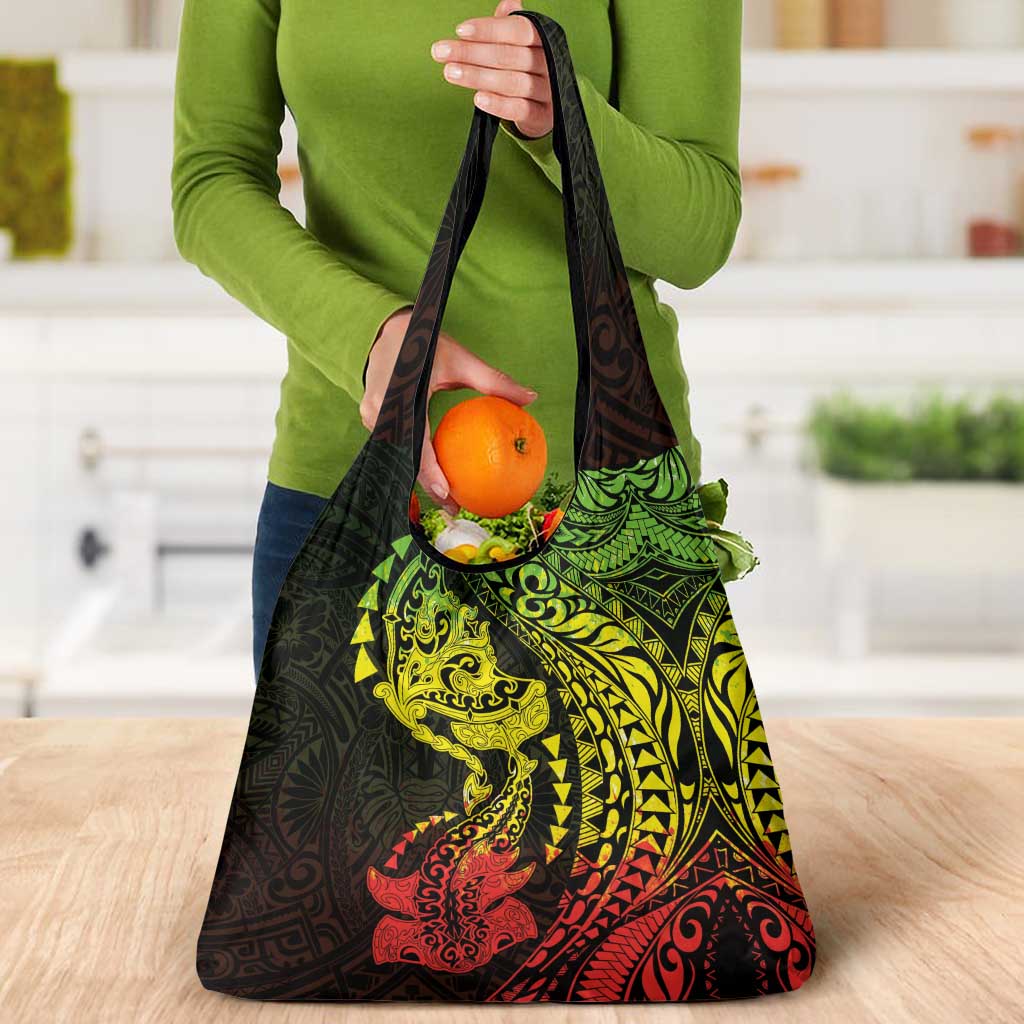 Hawaiian Manta Ray and Hammerhead Shark Tribal Tattoo Grocery Bag with Polynesian Tribal Pattern Reggae Style