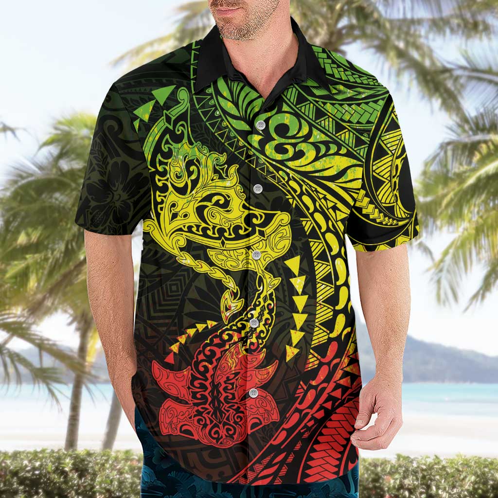 Hawaiian Manta Ray and Hammerhead Shark Tribal Tattoo Hawaiian Shirt with Polynesian Tribal Pattern Reggae Style