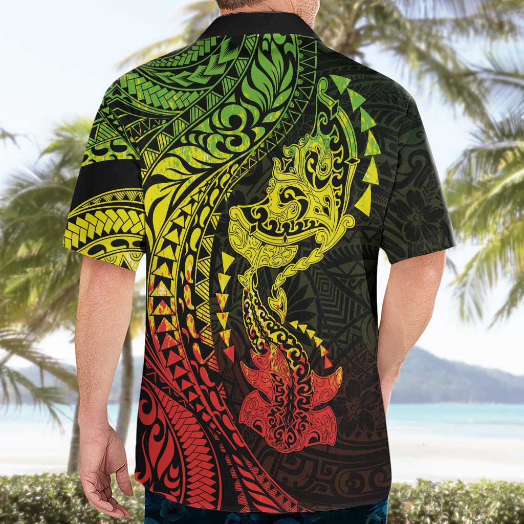 Hawaiian Manta Ray and Hammerhead Shark Tribal Tattoo Hawaiian Shirt with Polynesian Tribal Pattern Reggae Style