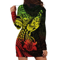 Hawaiian Manta Ray and Hammerhead Shark Tribal Tattoo Hoodie Dress with Polynesian Tribal Pattern Reggae Style