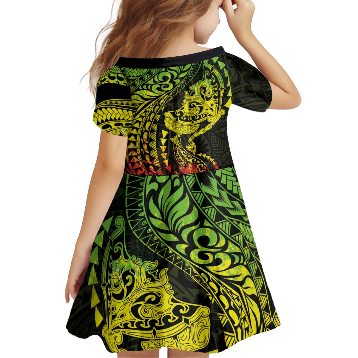 Hawaiian Manta Ray and Hammerhead Shark Tribal Tattoo Kid Short Sleeve Dress with Polynesian Tribal Pattern Reggae Style LT03 - Polynesian Pride