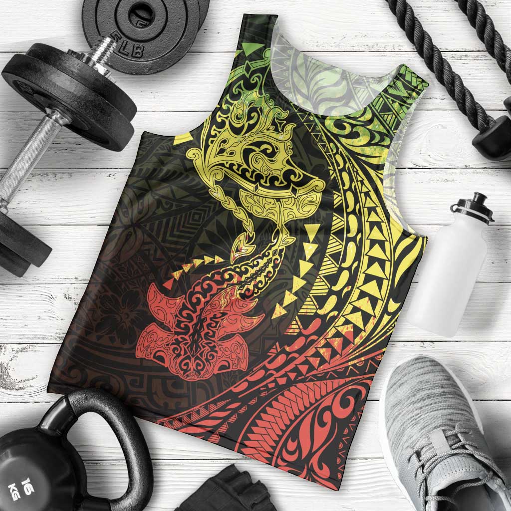 Hawaiian Manta Ray and Hammerhead Shark Tribal Tattoo Men Tank Top with Polynesian Tribal Pattern Reggae Style LT03 - Polynesian Pride