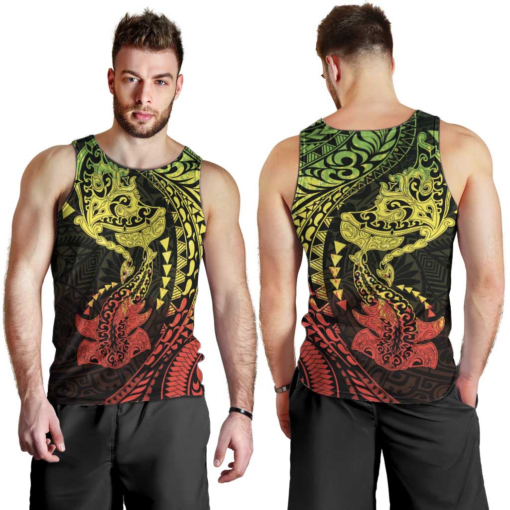 Hawaiian Manta Ray and Hammerhead Shark Tribal Tattoo Men Tank Top with Polynesian Tribal Pattern Reggae Style LT03 - Polynesian Pride