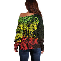 Hawaiian Manta Ray and Hammerhead Shark Tribal Tattoo Off Shoulder Sweater with Polynesian Tribal Pattern Reggae Style LT03 - Polynesian Pride