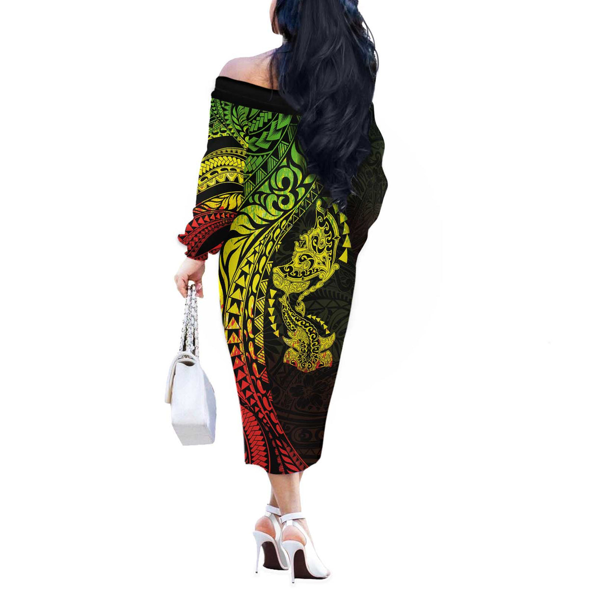 Hawaiian Manta Ray and Hammerhead Shark Tribal Tattoo Off The Shoulder Long Sleeve Dress with Polynesian Tribal Pattern Reggae Style
